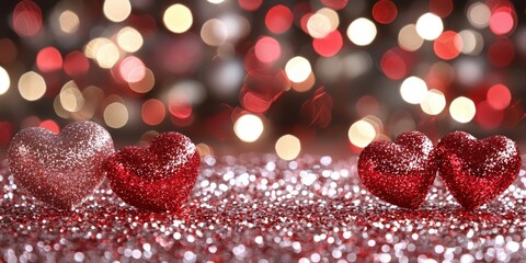 Wall Mural - Sparkling Red Hearts on a Glittery Background for Romantic Celebrations on Valentine's Day and Other Love-Filled Occasions