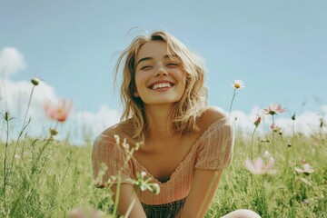 Blonde woman smiling in wildflower field on sunny day.