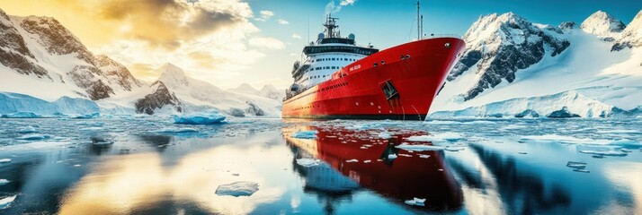 Aufkleber - A bold icebreaker ship traverses crystal-clear icy waters surrounded by majestic glaciers under a vibrant sky at dusk. Generative AI