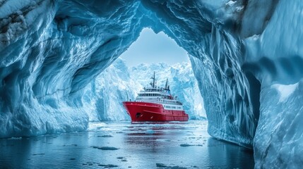 Aufkleber - A vibrant red icebreaker ship makes its way through icy polar waters, traversing a magnificent glacial landscape under clear skies. Generative AI