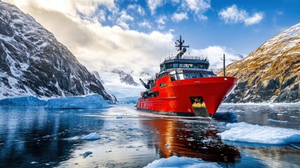 Poster - Cruising through polar waters, a red icebreaker ship traverses glacial regions, showcasing its power amidst stunning icy landscapes at dawn. Generative AI