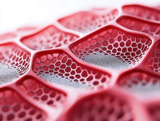 Poster - Intricate Red and Silver Hexagonal Structure with Detailed Mesh Patterns Ideal for Modern Design Concepts in Technology and Innovation Fields