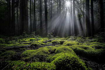 Canvas Print - Sunlight streaming through trees creates a magical forest atmosphere