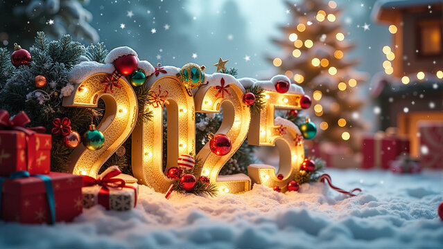 Festive Christmas Wonderland 2025: Bold Numbers, Twinkling Tree, Falling Snow, Ornaments, and Holiday Cheer