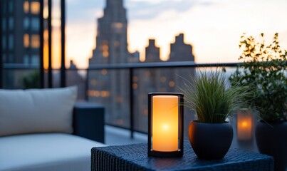 Canvas Print - Cozy balcony scene at sunset with plants and candlelight.