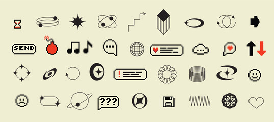 Fototapete - Pixels and geometric line elements set. Y2k trendy stickers. Mood of 90's aesthetics. 8-bit retro style vector illustration. Blue background. Simple geometric form, arrow, symbol, icon