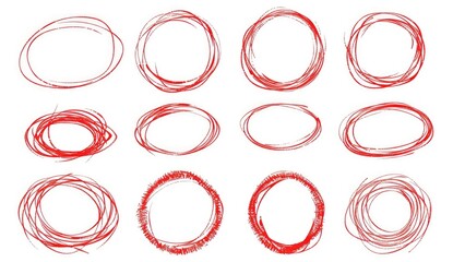 set of red hand drawn doodle circle and oval frame, vector illustration isolated on white background, simple design, flat color, solid outline stroke