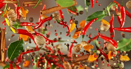 Poster - Super Slow Motion of Flying and Rotating Spices Mix. Filmed on High Speed Cinema Camera, 1000 fps. 