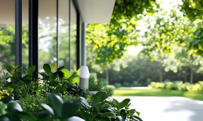 Canvas Print - Lush greenery surrounding a modern building's entrance.