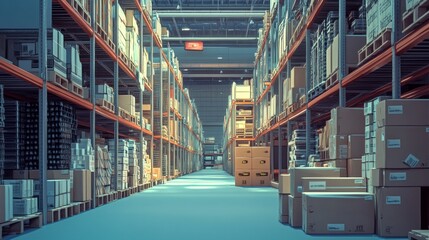 Poster - A hyper-detailed digital depiction of a warehouse with rows of shelves and uniformly stacked boxes, emphasizing organization