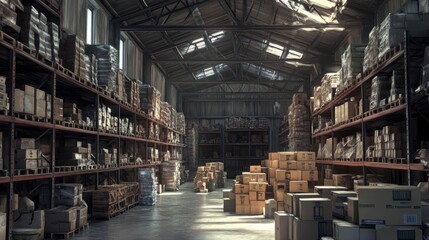 Poster - A hyper-realistic warehouse interior with orderly rows of shelves packed with boxes and a pristine industrial ambiance