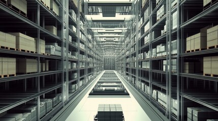 Poster - A hyper-detailed digital depiction of a warehouse with rows of shelves and uniformly stacked boxes, emphasizing organization