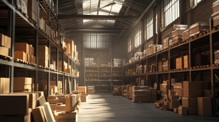 Poster - A hyper-realistic warehouse interior with orderly rows of shelves packed with boxes and a pristine industrial ambiance