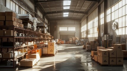Poster - A hyper-realistic warehouse interior with orderly rows of shelves packed with boxes and a pristine industrial ambiance