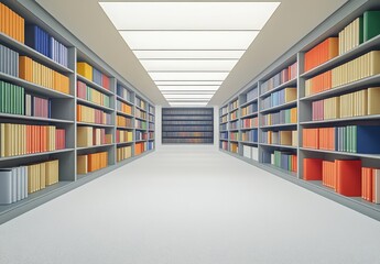 Poster - Modern Library Interior with Colorful Bookshelves Featuring an Aisle of Books and Soft Natural Light Illuminating the Tranquil Reading Space
