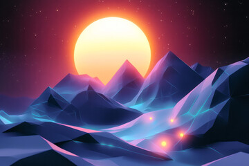 Poster - a mountain landscape with a bright sun in the background