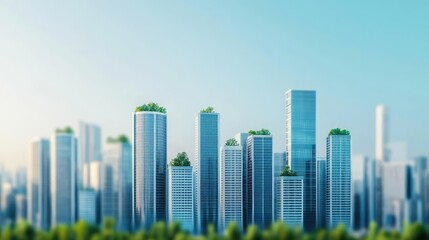 Poster - Modern city skyline with green rooftops against a clear blue sky.