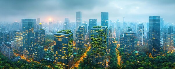 Poster - Aerial view of a modern city skyline with greenery integrated into the urban landscape.