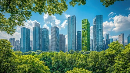 Poster - Modern skyline surrounded by lush trees and greenery under a bright blue sky.