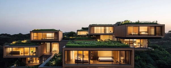 Aufkleber - Modern architectural design with large glass windows and lush green rooftops.