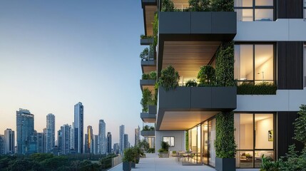 Poster - Modern residential building with green balconies and urban skyline view.