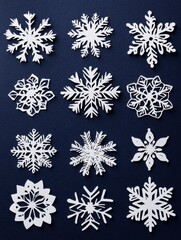 Aufkleber - Delicate white snowflakes made of paper arranged on a dark surface create an ideal backdrop for festive messages or winter crafts. Generative AI