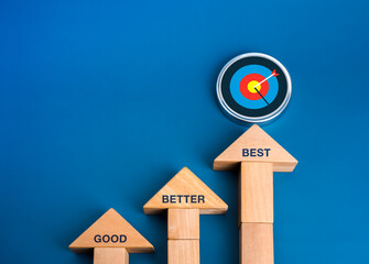 Poster - good, better and best, business growth and success, target goal concept. 3d target dart icon on roun