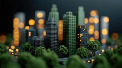 Poster - Miniature city skyline with modern skyscrapers and illuminated windows at night.