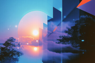 Poster - a painting of a sunset and a tree