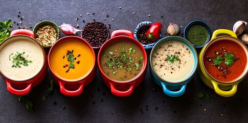 Wall Mural - A colorful array of soups in vibrant bowls, showcasing diverse flavors and garnishes.