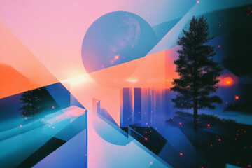 Poster - a colorful abstract background with a tree and a large sphere