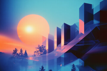 Aufkleber - a digital painting of a city with a sunset