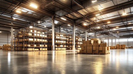 Poster - Expansive warehouse interior with towering shelves filled with uniform cardboard boxes on pallets, bathed in industrial lighting