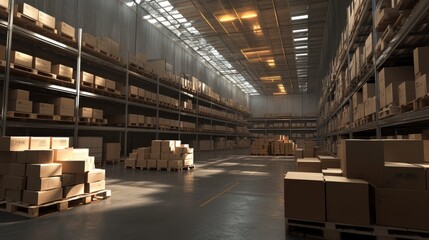 Poster - Expansive warehouse interior with towering shelves filled with uniform cardboard boxes on pallets, bathed in industrial lighting