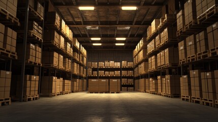 Poster - Expansive warehouse interior with towering shelves filled with uniform cardboard boxes on pallets, bathed in industrial lighting