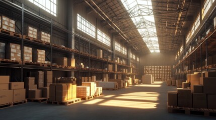 Poster - Expansive warehouse interior with towering shelves filled with uniform cardboard boxes on pallets, bathed in industrial lighting