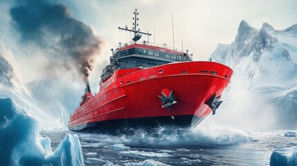 Aufkleber - Icebreaker ship cuts through frozen polar waters, surrounded by towering glaciers under a clear sky, showcasing resilience against nature. Generative AI