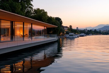 Wall Mural - Modern lakeside home at sunset with reflections on water.