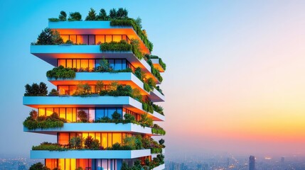 Aufkleber - Modern eco-friendly skyscraper with green terraces against sunset sky.