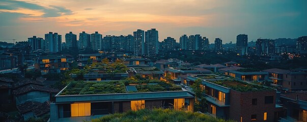 Poster - Panoramic view of urban skyline at sunset with green roofs and cityscape.