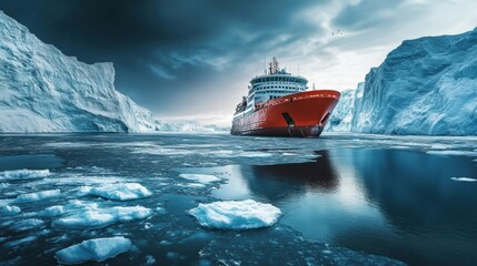 Leinwandbilder - A red icebreaker ship traverses icy polar waters, passing massive glaciers while navigating challenging conditions in the Arctic region. Generative AI