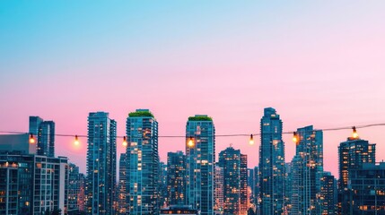 Aufkleber - Urban skyline at sunset with colorful buildings and evening lights.