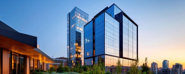 Poster - Modern office buildings with reflective glass in an urban landscape at sunset.