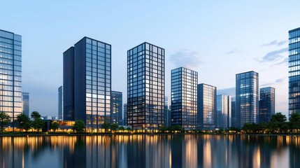 Poster - Modern city skyline with glass buildings reflecting in the water at sunset.