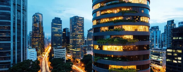 Poster - City skyline at dusk showcasing modern buildings and vibrant lights.