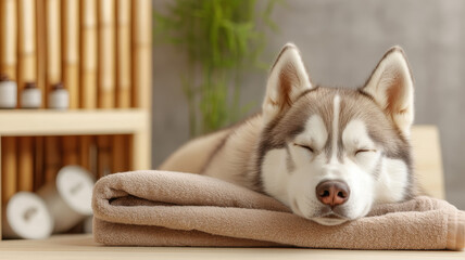 Siberian husky relaxing on soft towel in calming spa environment, enjoying soothing treatment. serene atmosphere enhances dog peaceful expression