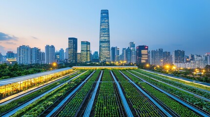 Poster - City skyline with modern skyscrapers and green rooftop gardens at dusk.