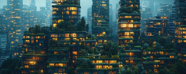 Poster - Futuristic cityscape with greenery and luminous buildings at dusk.
