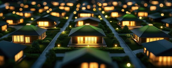 Poster - Aerial view of a suburban neighborhood illuminated at night.