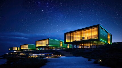 Poster - Modern architectural buildings with illuminated windows at night.